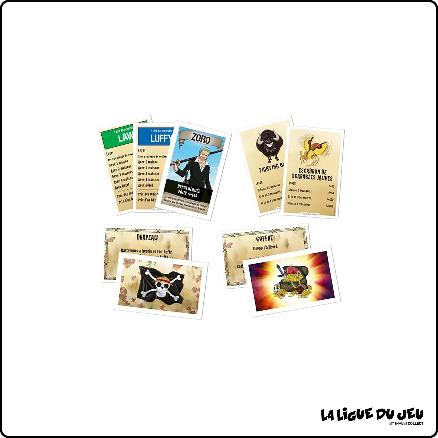Monopoly One Piece card set with illustrated character cards and game text panels