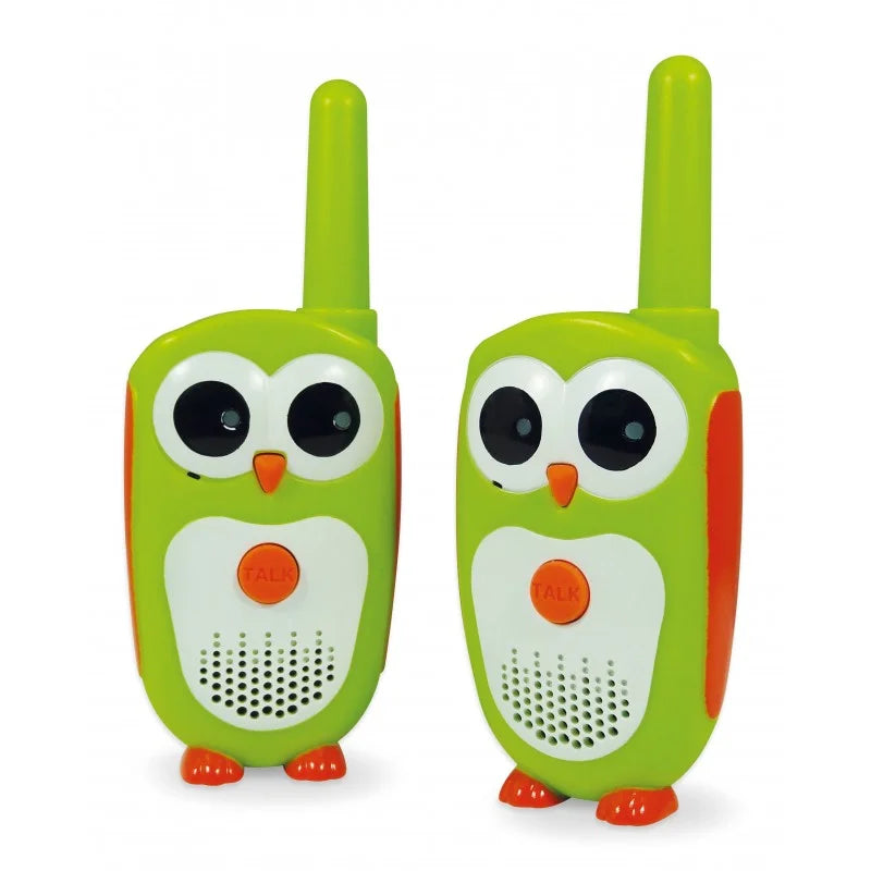 Green penguin-shaped junior walkie talkies with antennas, speaker grills, and orange buttons