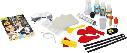 Explosive science kit with instruction booklet, vials, gloves, balloons, tools, and tubing