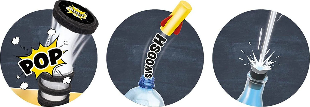 Explosive kit demo components with POP disc graphics and a pressurized bottle spray effect