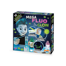 Glow science activity kit box with fluo & glow theme, supplies shown.