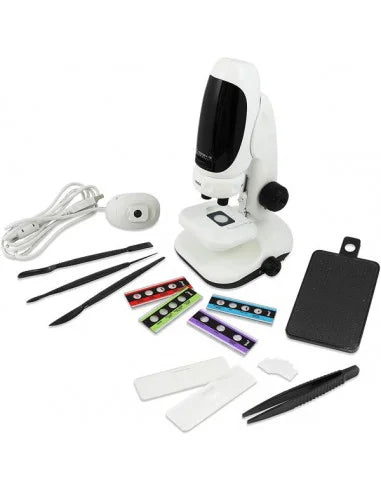 Digital inspection scope camera kit with stand, cables, probes, and slide filters