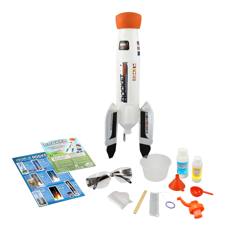 Rocket science experiment kit with white rocket launcher, instruction sheet, and orange tools