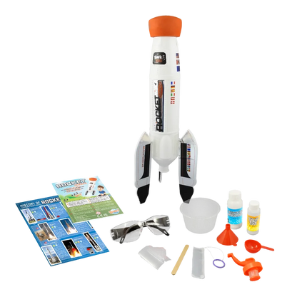 Rocket science experiment kit with white rocket launcher, instruction sheet, and orange tools