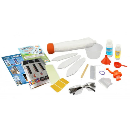 Rocket science experiment kit components: rocket body, goggles, beaker, bottles, orange funnels