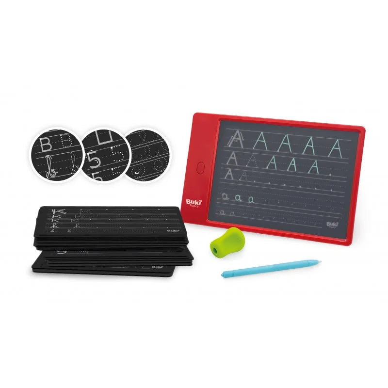 Red LCD writing tablet with stylus, black foldable pad, and round activity wheels