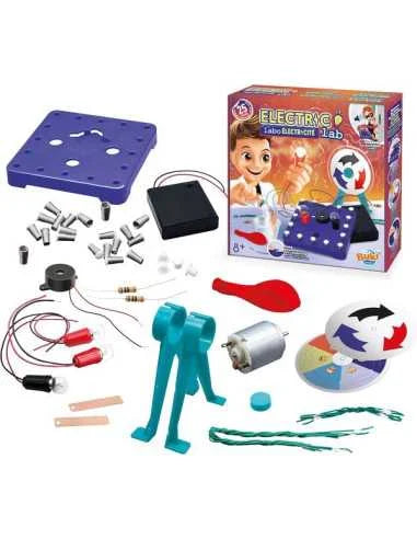 Electricity science kit: blue circuit board, wires, tools, and parts
