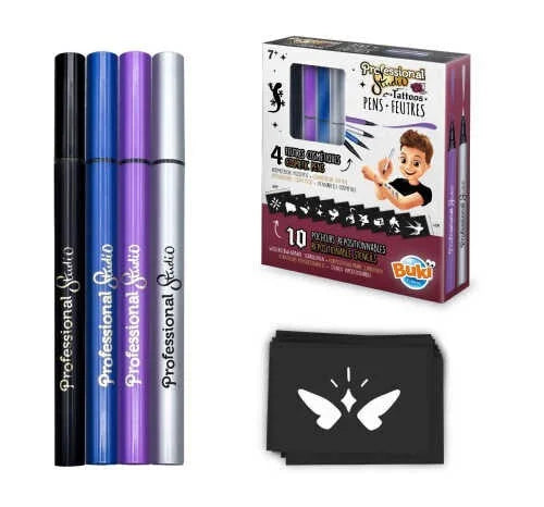 Tattoo pen kit with four colors: black, blue, purple, and silver-gray pens