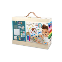 Professional artist wooden art set box with colorful artwork, palette, and brush graphic