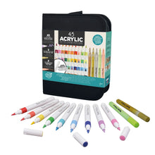 Acrylic marker set, 45 count, in black pouch with markers laid out in assorted colors