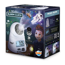 Space projector alarm clock product box with astronaut-themed graphics