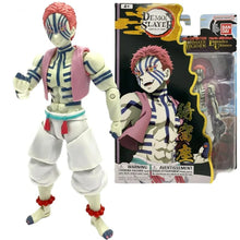 Akaza action figure in pink vest and blue striped outfit, with Demon Slayer box