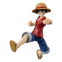 Luffy action figure: red vest, blue pants, straw hat, running pose