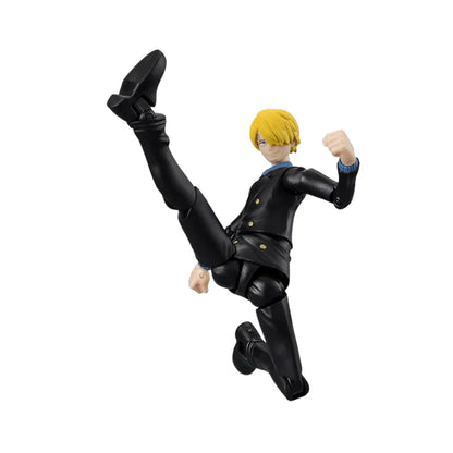 Sanji action figure in black suit, blond hair, arms raised and kicking