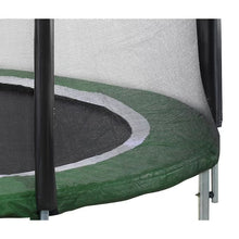 Trampoline with safety net edge and black padded mat with green trim