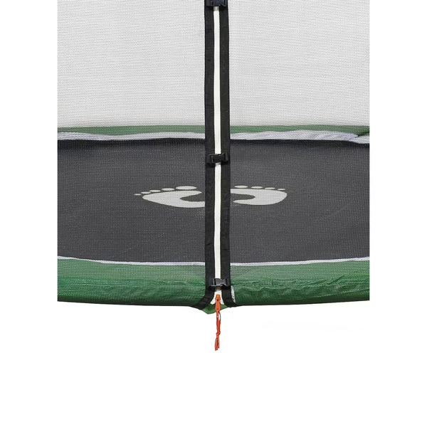 Trampoline with safety net front post and black mat edge with green border