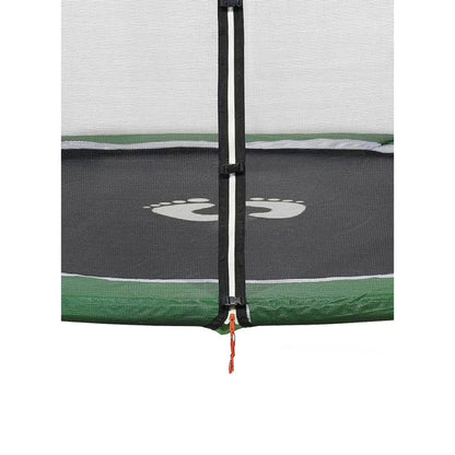 Trampoline with safety net front post and black mat edge with green border