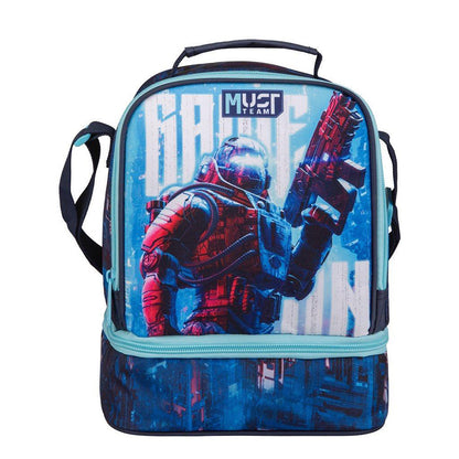 Insulated lunch bag, blue Must Team robot graphic, two zipped compartments, top handle