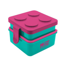 2-in-1 plastic lunch box with spoon, teal and pink, hinged studded lid