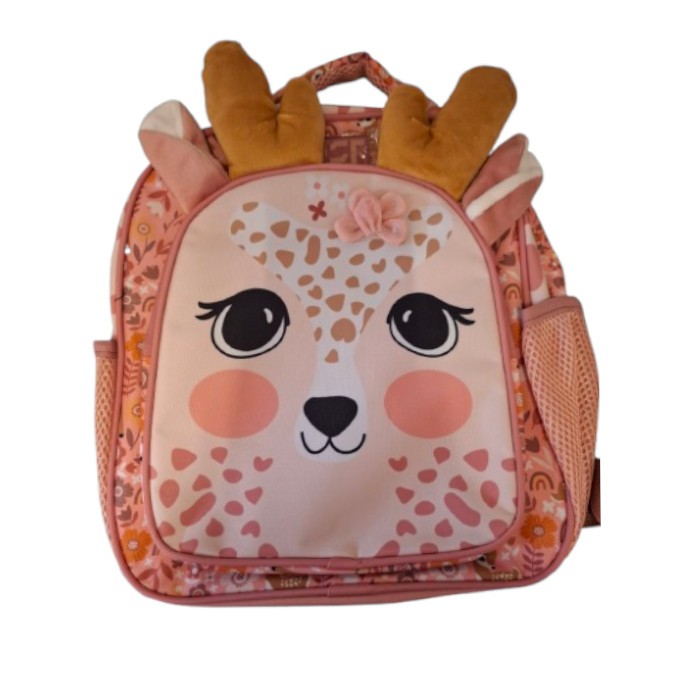 Cute deer-face mini backpack with plush antlers and pink zipper trim