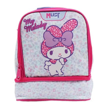 Insulated lunch bag with My Melody graphic, pink and light gray, front zip pocket
