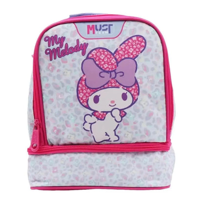 Insulated lunch bag with My Melody graphic, pink and light gray, front zip pocket