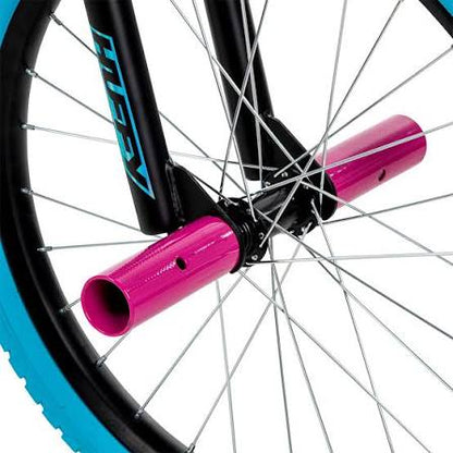 20-inch bicycle front wheel with purple fork and blue rim, spoke hub detail