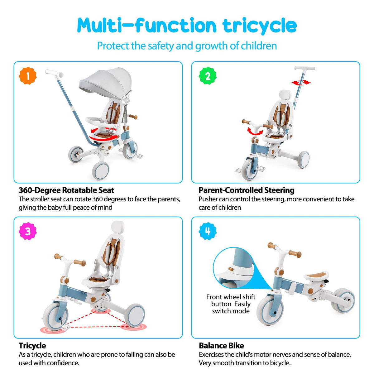 Multi-stage stroller tricycle with canopy, light gray seat, and blue accents