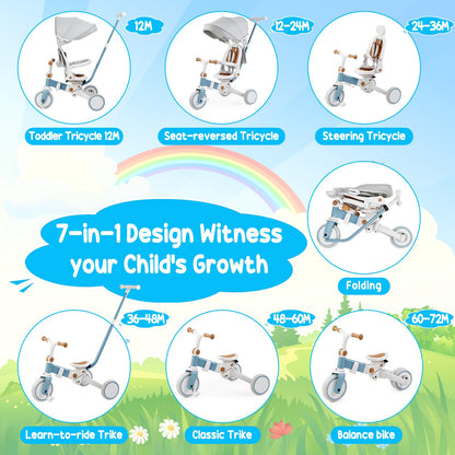 Multi-position tricycle stroller with canopy, white frame, blue seat accents