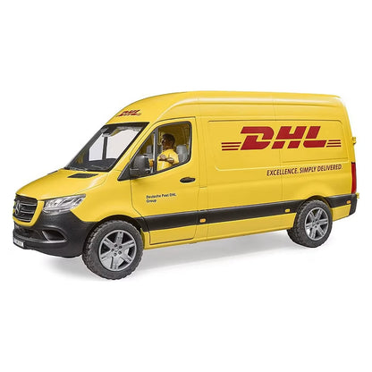 Mega Bloks DHL Sprinter Lieferwagen, gelb, vorderseitige Ansicht mit Fahrer im Cockpit