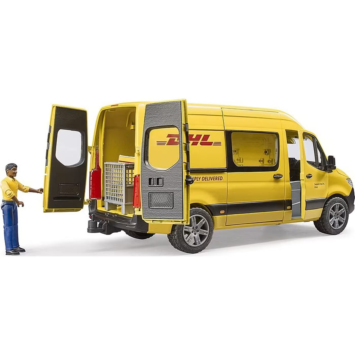 DHL Sprinter Lieferwagen mit geöffneten Hecktüren, Paketregal und Fahrerfigur