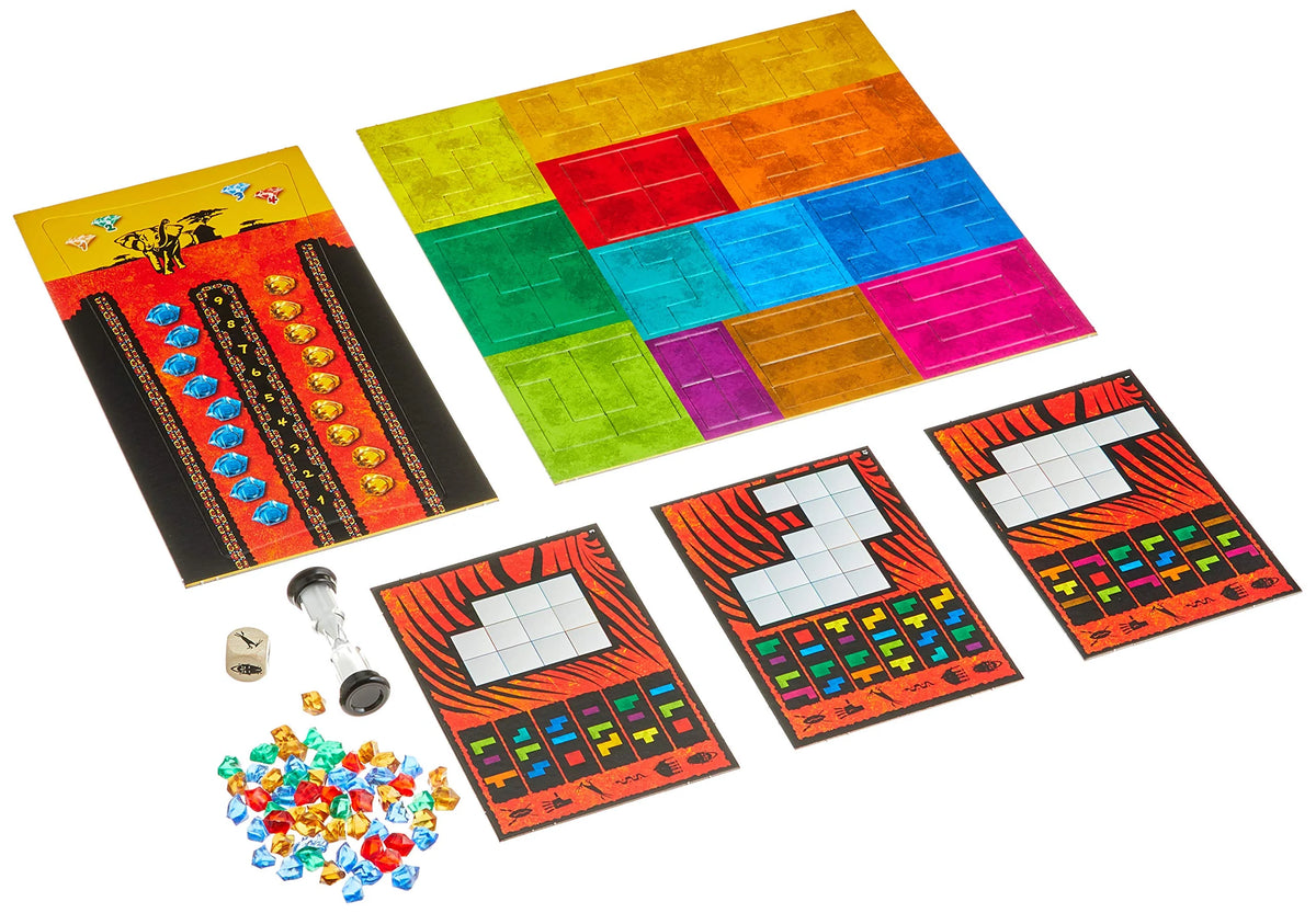 Colorful puzzle game board set with tiles, cards, and tokens
