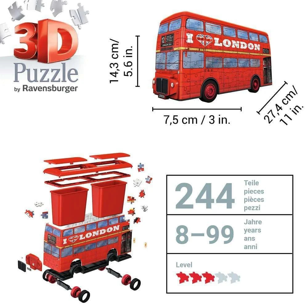 Ravensburger 3D London bus puzzle set, 244 pieces shown on packaging