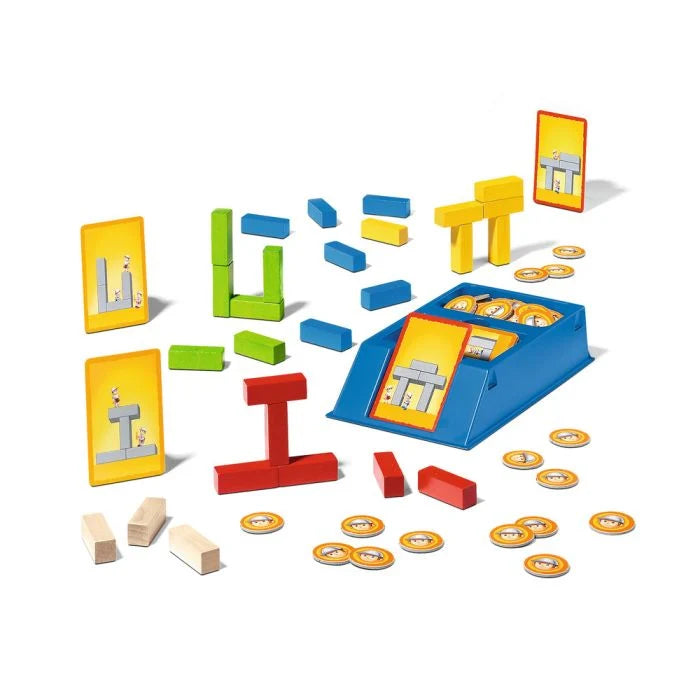 Junior block board game set with blue base, colorful pieces, and coin discs.