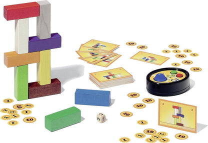 Building game set with wooden blocks, score cards, number tokens, and timer