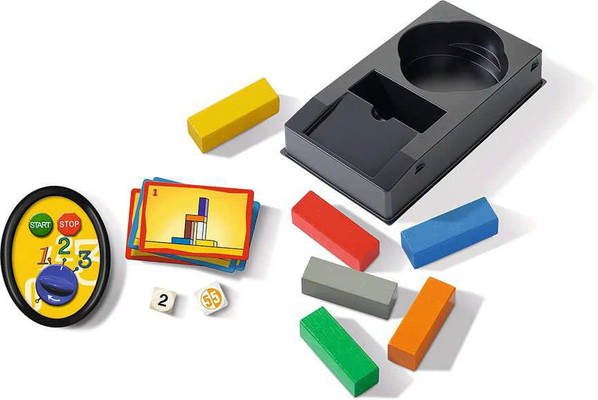 Building game set with black launcher tray, colored blocks, score cards, and circular timer