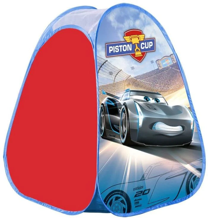 Cars pop-up play tent with open doorway, red side panel, silver car Piston Cup badge