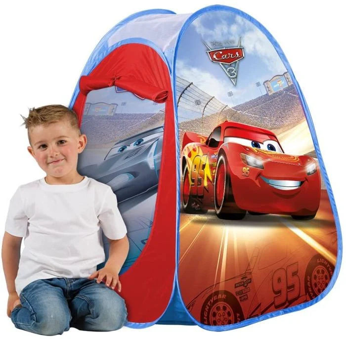Cars pop-up play tent with open doorway, red interior, red race car graphic and number 95