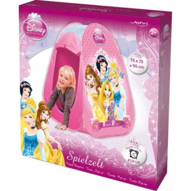 Disney Princess pop-up tent shown in retail box, pink with princess scene graphic