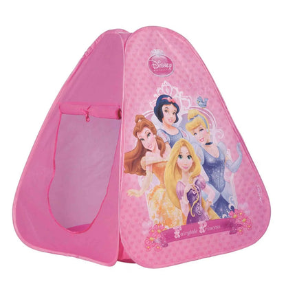 Pink Disney Princess pop-up tent with princess graphics and front mesh opening
