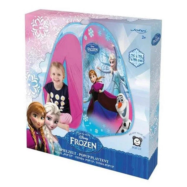 Frozen pop-up play tent in retail box with blue and pink tent graphics