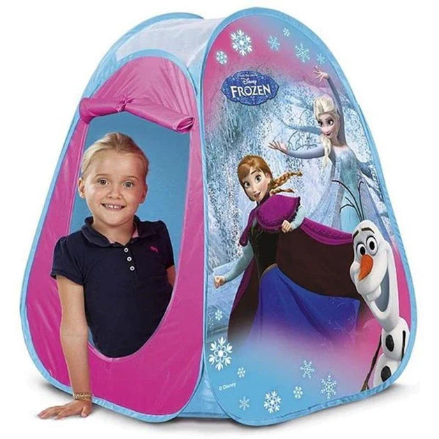 Blue and pink pop-up play tent with front mesh window and side character artwork