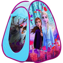 Blue and pink pop-up play tent with mesh window panels and Frozen character artwork