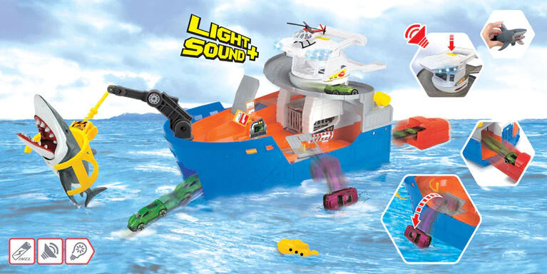 Shark Attack Playset Fangboot mit Licht-/Sound-Funktion, Haifisch-Zubehör und Fahrzeugen