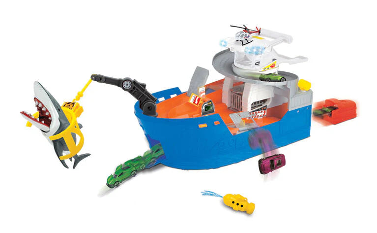 Shark Attack Playset Fangboot mit Geschützturm, gelber Hai-Figur und Fahrzeugzubehör