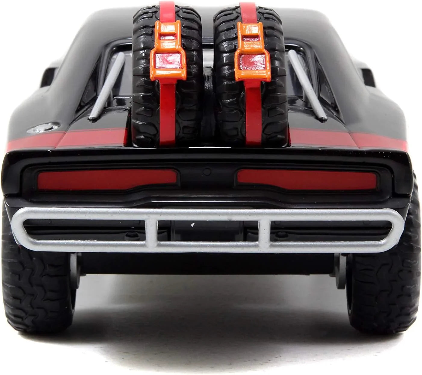 Front view off-road toy car with red bumper accents, chunky tires, and gray grille