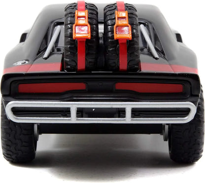 Front view off-road toy car with red bumper accents, chunky tires, and gray grille