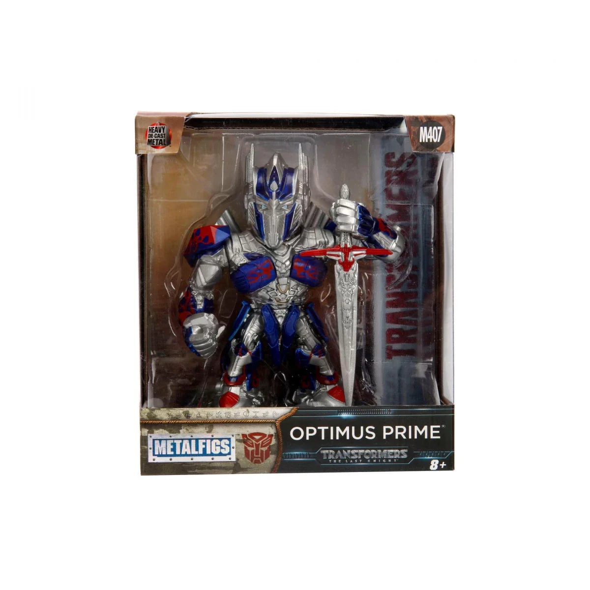 Optimus Prime action figure with sword, metallic blue and silver, in retail box
