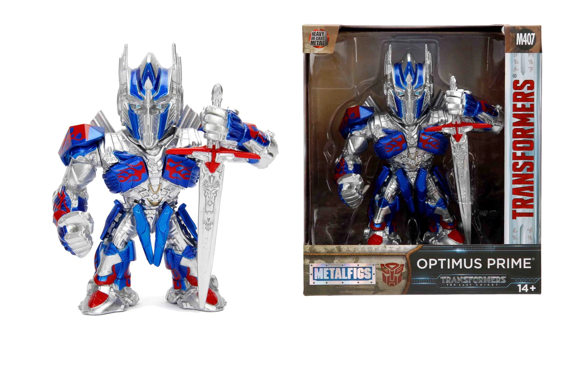Optimus Prime action figure with sword, metallic blue and silver robot, in box and loose