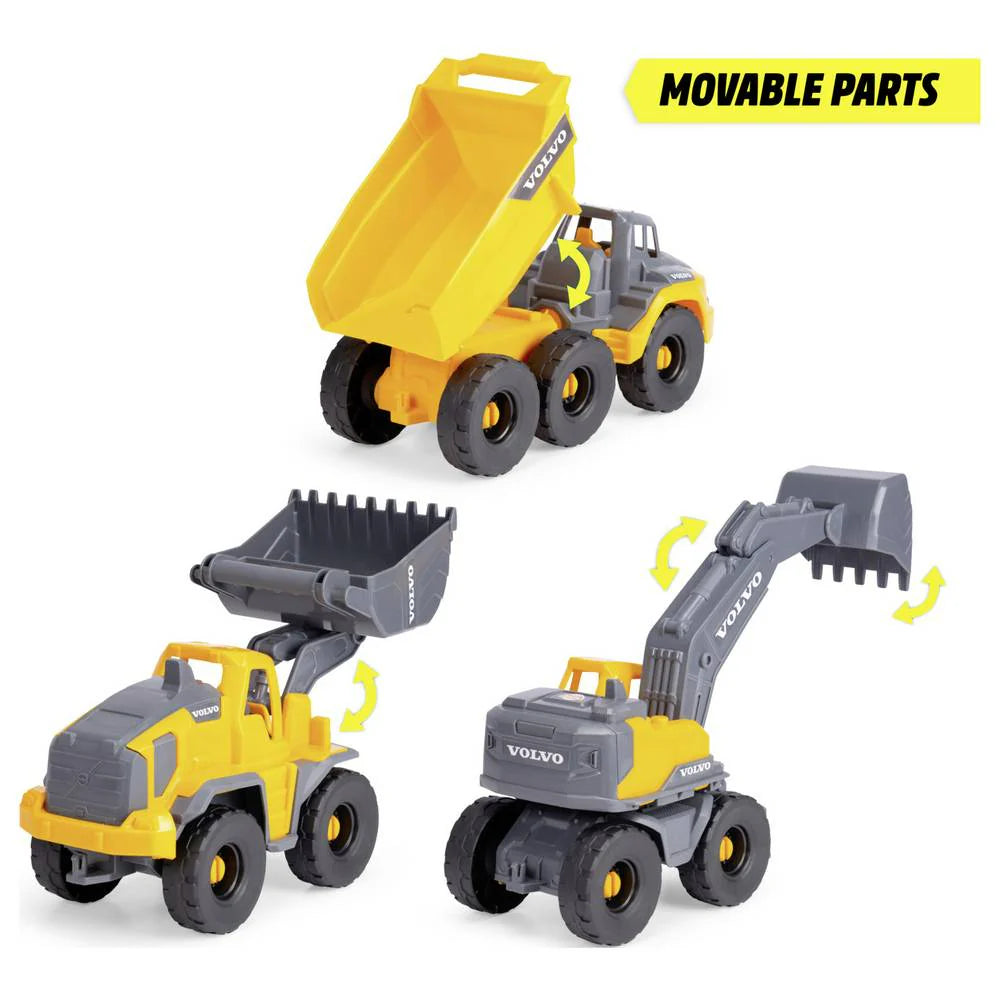 Yellow and gray toy Volvo construction vehicle with raised dump bed and moving arms